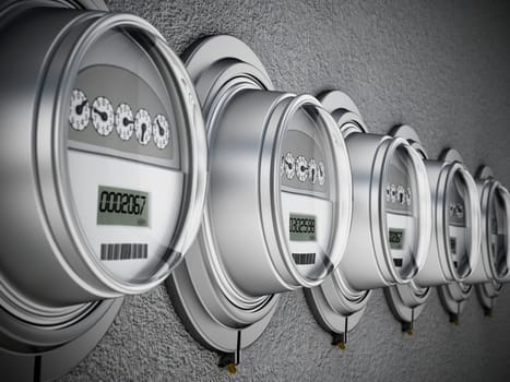 Energy efficient smart electric meters in a row. 3D illustration.