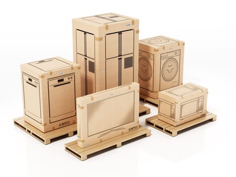 Home appliances boxes isolated on white background. 3D illustration.