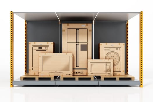 Home appliances boxes isolated on white background. 3D illustration.