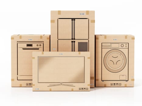 Home appliances boxes isolated on white background. 3D illustration.
