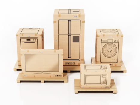 Home appliances boxes isolated on white background. 3D illustration.