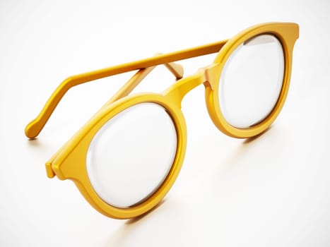 Round yellow eyeglasses isolated on white background. 3D illustration.