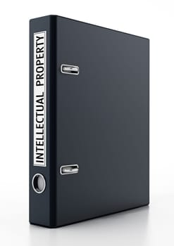 Black folder with intellectual property label isolated on white background. 3D illustration.