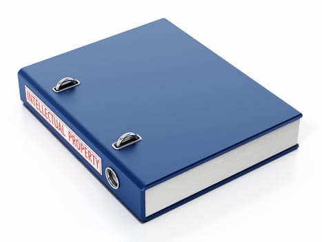 Blue folder with intellectual property label isolated on white background. 3D illustration.