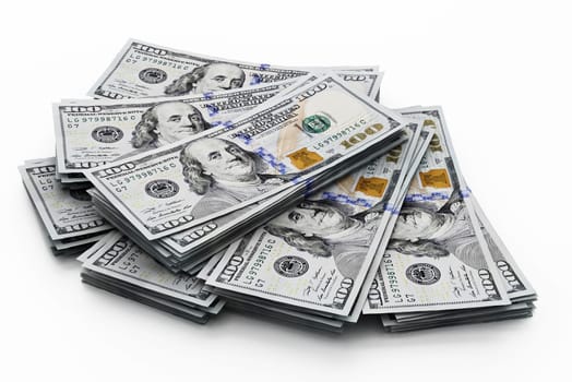 Stack of 100 dollar bills isolated on white background. 3D illustration.