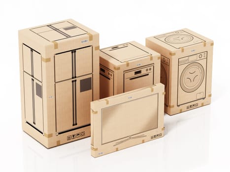 Home appliances boxes isolated on white background. 3D illustration.