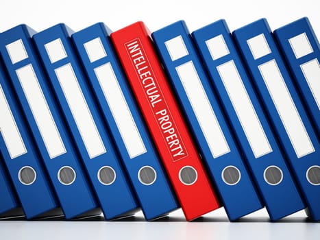 Red folder with intellectual property label standing out among regular folders. 3D illustration.