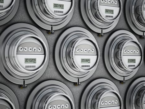 Energy efficient smart electric meters in a row. 3D illustration.