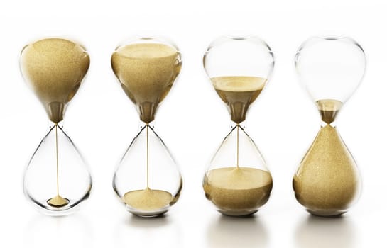 Row of hourglasses isolated on white background. 3D illustration.