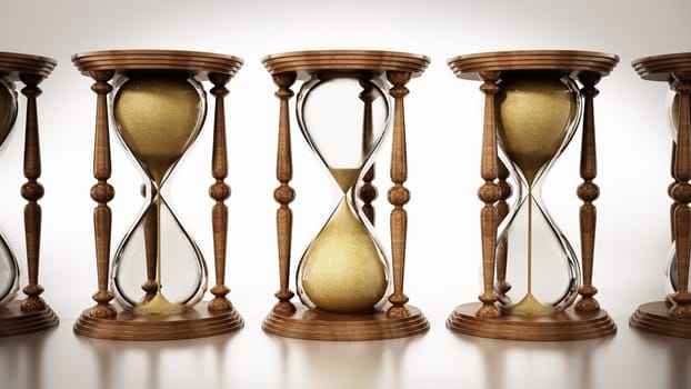 Row of hourglasses isolated on white background. 3D illustration.