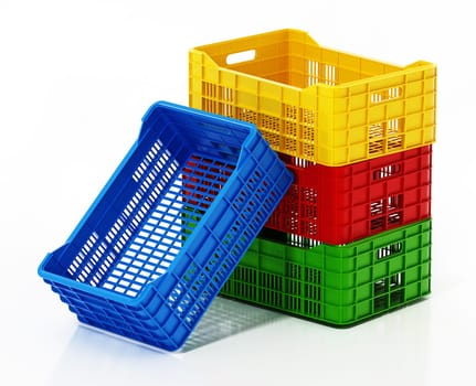 Stack of fruit crates isolated on white background. 3D illustration.