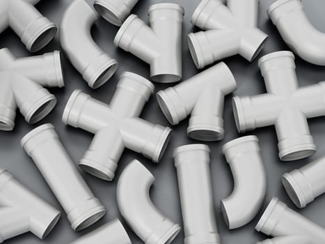 PVC water tube connection parts on gray background. 3D illustration.