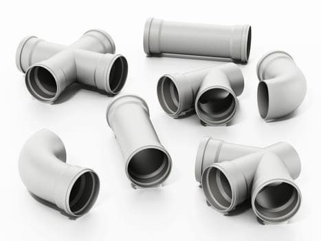PVC water tube connection parts isolated on white background. 3D illustration.