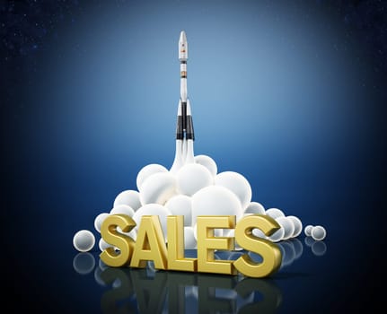 Sales text standing in front of a launching rocket. Business and success concept. 3D illustration.