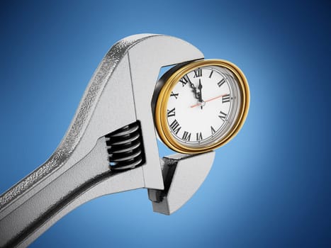 Wrench and clock isolated on white background. 3D illustration.