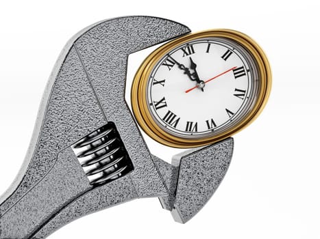 Wrench and clock isolated on white background. 3D illustration.