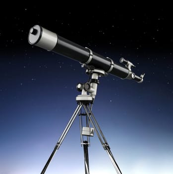 Telescope aimed at the sky on night background. 3D illustration.