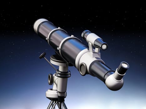 Telescope aimed at the sky on night background. 3D illustration.