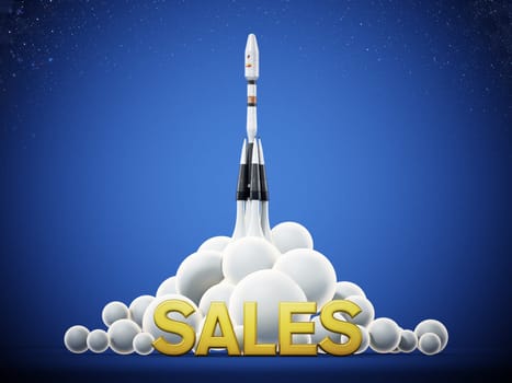 Sales text standing in front of a launching rocket. Business and success concept. 3D illustration.