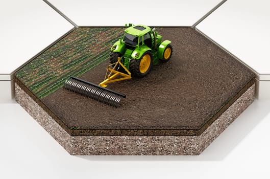 Green tractor on the field isolated on white background. 3D illustration.