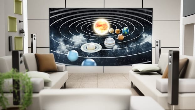 Big screen 8K tv hanging on the wall of a modern room. 3D illustration..