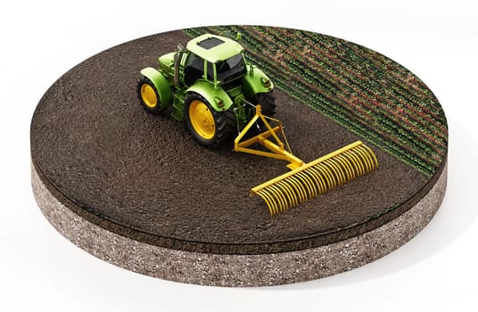 Green tractor on the field isolated on white background. 3D illustration.