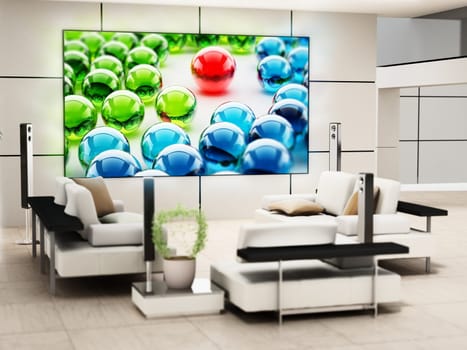 Big screen 8K tv hanging on the wall of a modern room. 3D illustration..