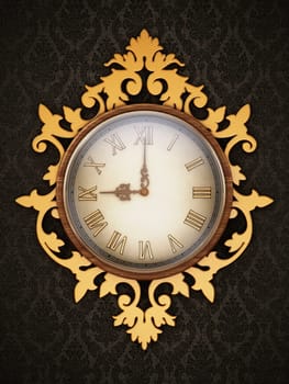Vintage wall clock hanging on the wall. 3D illustration.
