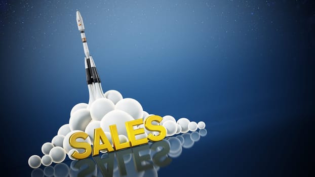 Sales text standing in front of a launching rocket. Business and success concept. 3D illustration.