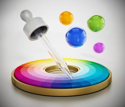 Color picker and color wheel isolated on white background. 3D illustration.