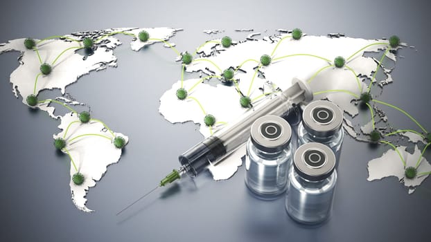 Covid 19 vaccine bottles and syringe standing on world map. 3D illustration.