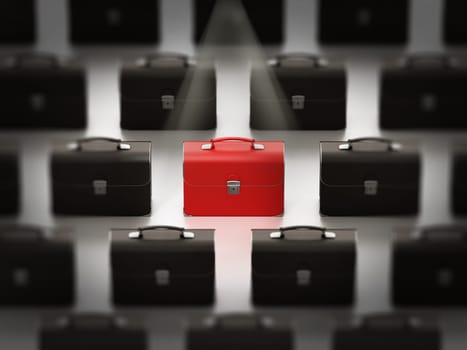 Leather red briefcase standing out among black briefcases. 3D illustration.