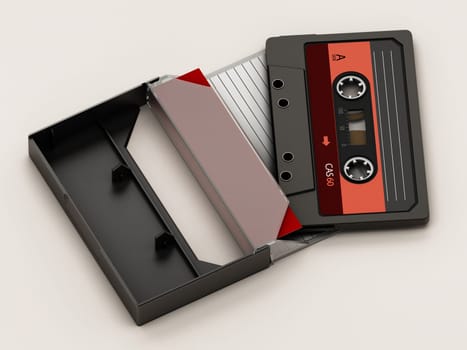 Vintage audio cassette and cassette case isolated on white background. 3D illustration.