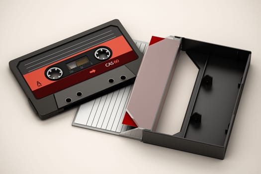 Vintage audio cassette and cassette case isolated on white background. 3D illustration.