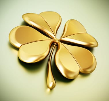 Golden four leaf clover on green background. 3D illustration.