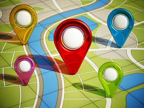 City map with colored GPS markers. 3D illustration.