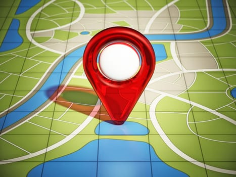 City map with red GPS marker. 3D illustration.