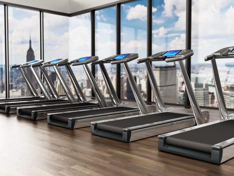 Treadmills inside a sports center in upper floors. 3D illustration.