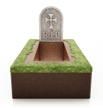 Open grave with gravestone isolated on white background. 3D illustration.