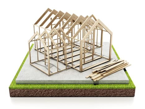Wooden house structure on concrete base. 3D illustration.
