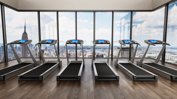 Treadmills inside a sports center in upper floors. 3D illustration.