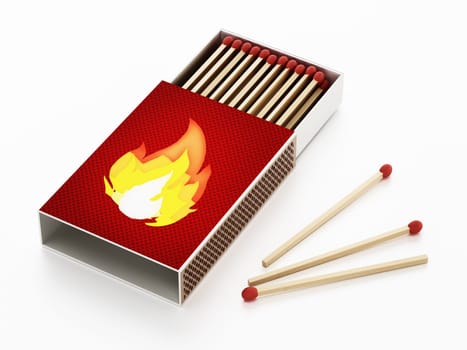 Matches inside open matchbox isolated on white background. 3D illustration.