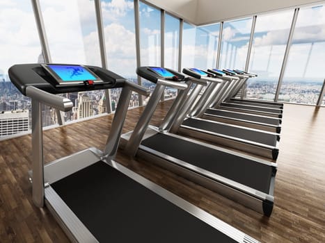 Treadmills inside a sports center in upper floors. 3D illustration.