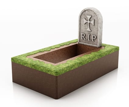 Open grave with gravestone isolated on white background. 3D illustration.