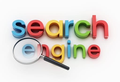 Search engine text and magnifying glass isolated on white background. 3D illustration.