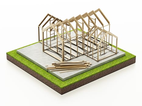 Wooden house structure on concrete base. 3D illustration.