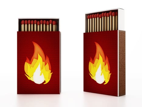 Matches inside open matchboxes isolated on white background. 3D illustration.