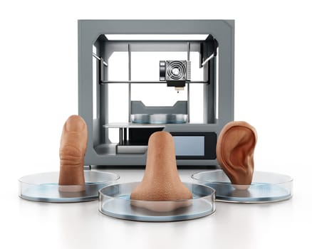 Medical 3D printer and printed human organs isolated on white background. 3D illustration.
