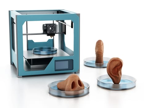 Medical 3D printer and printed human organs isolated on white background. 3D illustration.