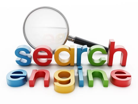 Search engine text and magnifying glass isolated on white background. 3D illustration.